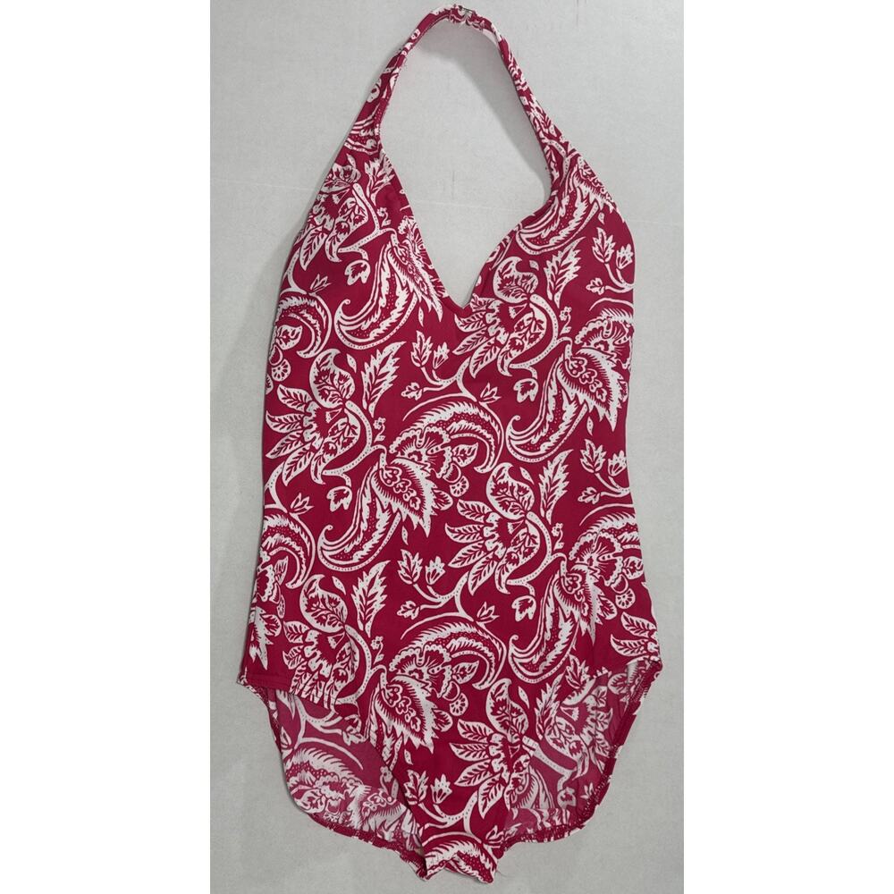 Lands’ End One Piece V- Neck Swimsuit Pink White Paisley Floral Print Size 14